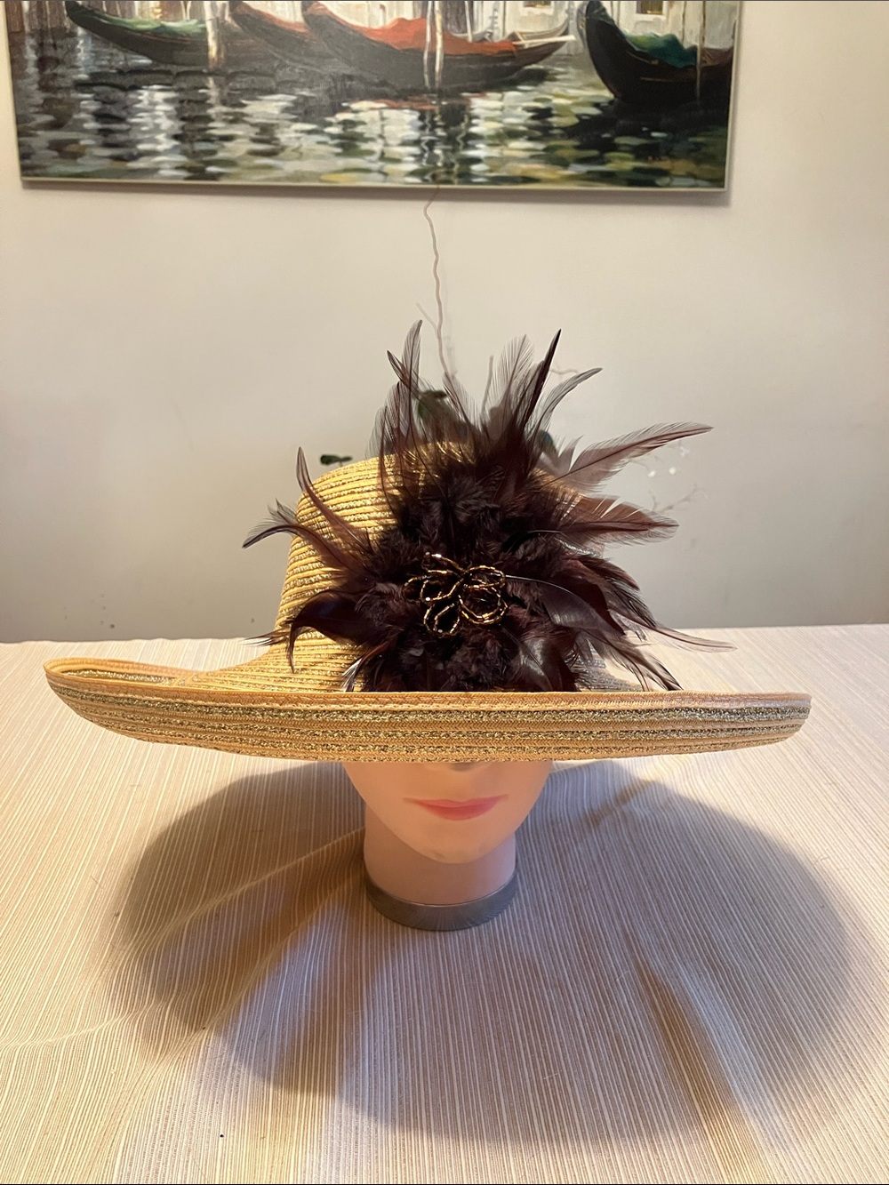 Chic Tan & Metallic Gold Striped Hat with Brown Feather Flower Accent